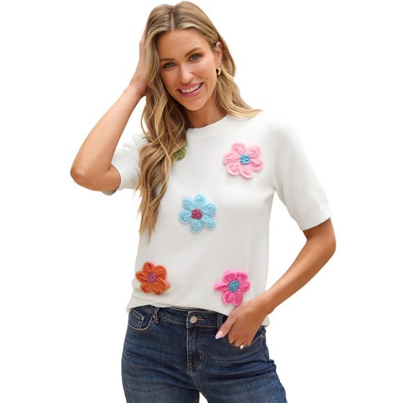 Three-dimensional Flower Decoration Half-sleeve Top European And American Commuters' Knitted - Image 4