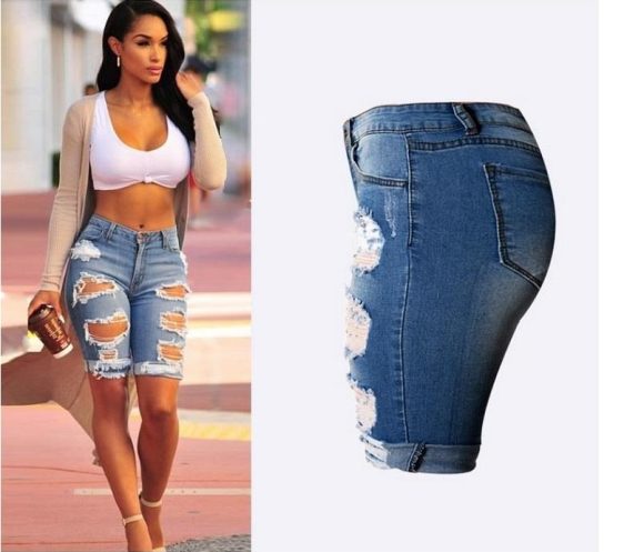 High waist personality, hole, middle pants, street fashion, the same paragraph, wild slim stretch pants, large size - Image 7