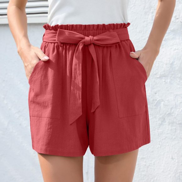 Fashion Ruffle Bow Waist Tie Shorts Summer Beach Pants With Pockets Womens Clothing - Image 4