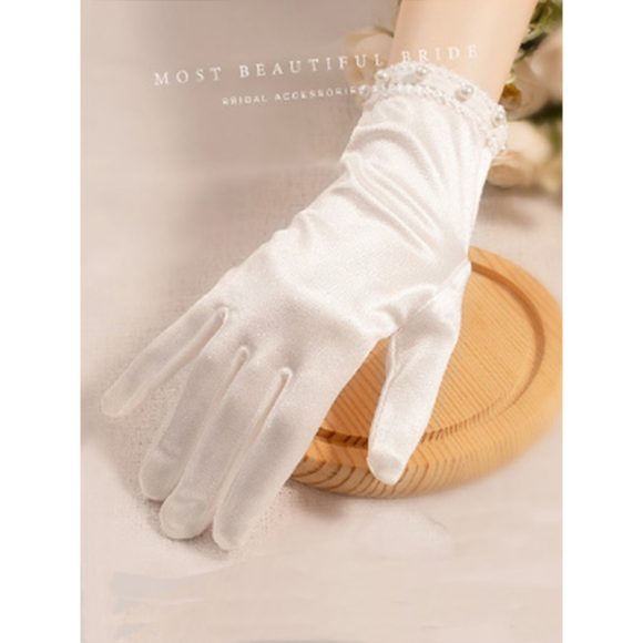 White Satin Short Gloves Lace Pearl Accessories - Image 6