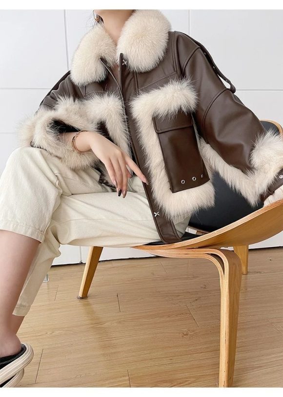 Sense Fox Fur Stitching Leather Coat - Image 5