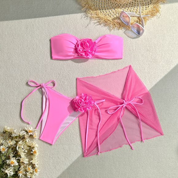 Women's Tube Top With Three-dimensional Big Flower Tied Swimsuit - Image 6