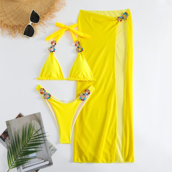 Light Diamond Solid Color Long Skirt Mesh Three Piece Swimsuit Bikini - Image 3