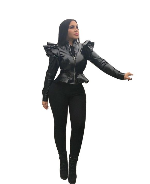 Leather Casual Women's Ruffled Leather Jacket - Image 5