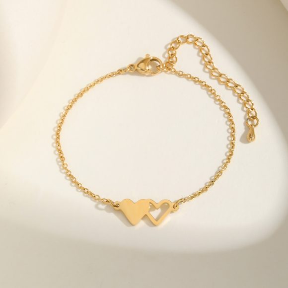 Stainless Steel Doppel Herz Bracelet Gold Women's - Image 2