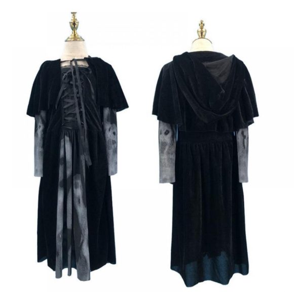 Halloween Women Medieval Gothic Witch Maleficent Horror Scary Cosplay Costume Carnival Party Ghost Long Black Hooded Dress - Image 3