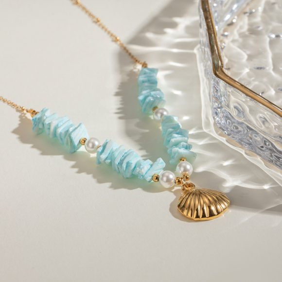 Mint Green Shell Patch Pearl Shell Pendant Necklace Jewelry - Image 2