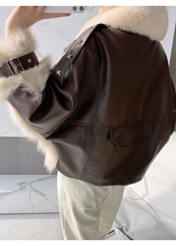 Sense Fox Fur Stitching Leather Coat - Image 3
