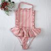 Children's Swimwear Ins Explosion Models Girls Siamese  Striped Princess Wind Lace Swimsuit