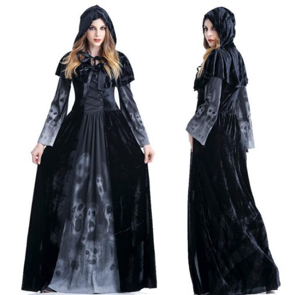Halloween Women Medieval Gothic Witch Maleficent Horror Scary Cosplay Costume Carnival Party Ghost Long Black Hooded Dress - Image 5