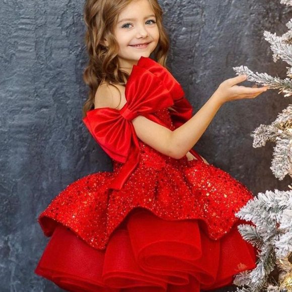 Girl's Princess Dress Red Tulle Tutu Skirt Sequined Bow - Image 3