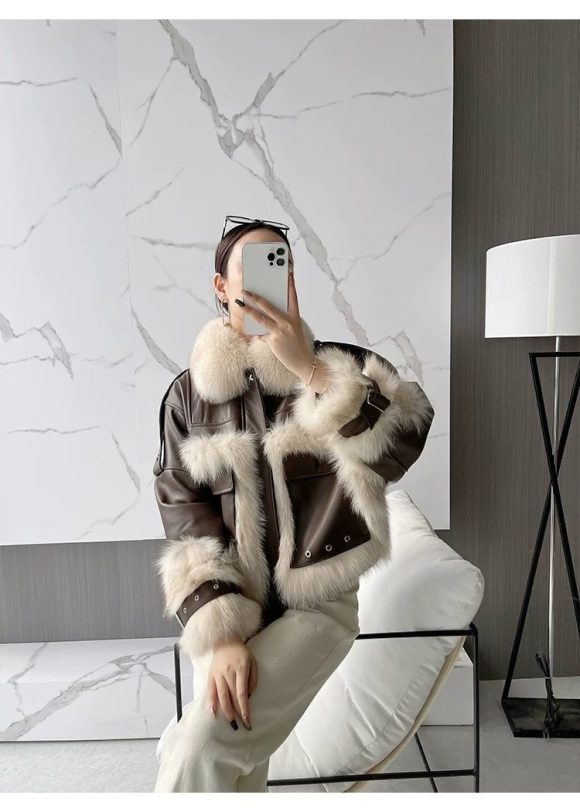 Sense Fox Fur Stitching Leather Coat - Image 10
