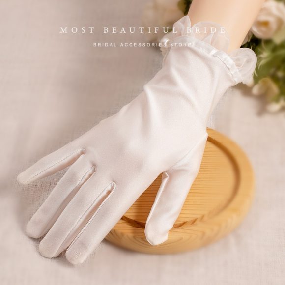White Satin Short Gloves Lace Pearl Accessories - Image 4