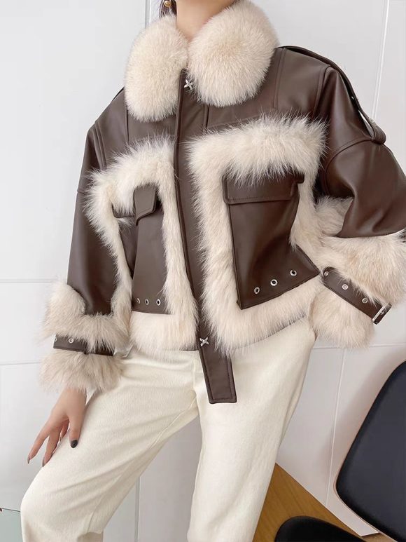 Sense Fox Fur Stitching Leather Coat - Image 4