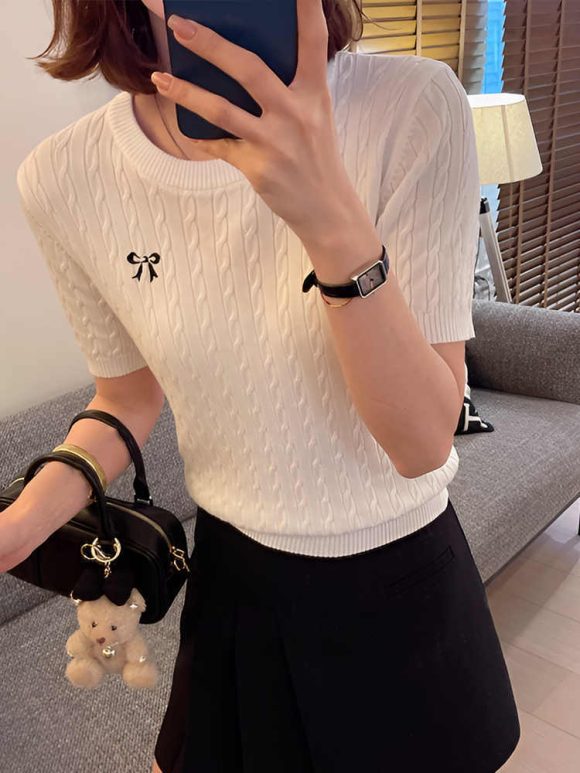 All-matching Pullover Bow Embroidery Twist Knitted Short Sleeve - Image 2