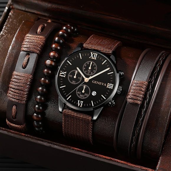 Single Calendar Fake Three Eye Canvas Quartz Watch Bracelet Set - Image 6
