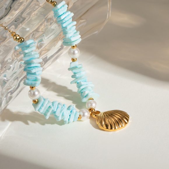 Mint Green Shell Patch Pearl Shell Pendant Necklace Jewelry - Image 3