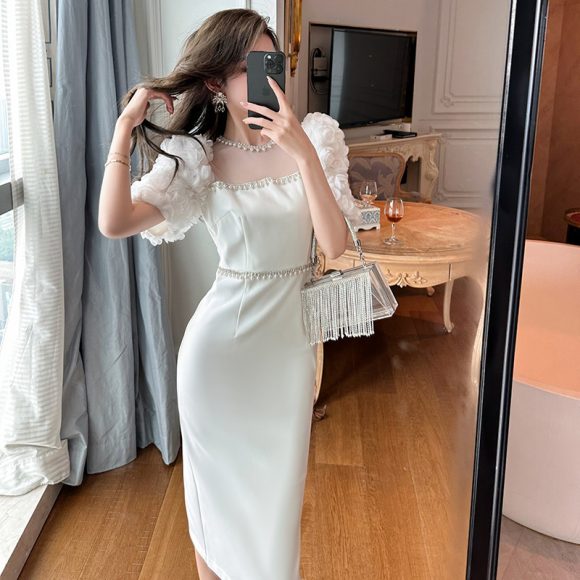 Round Neck Beaded White Slim Fit Long Dress - Image 4