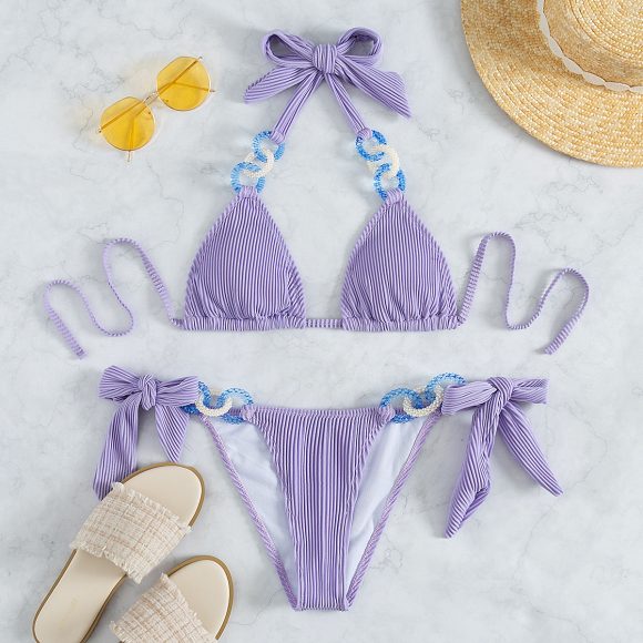 Side Tie Jewelry Solid Halter Beach Bikini - Image 3