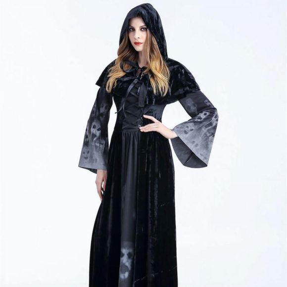 Halloween Women Medieval Gothic Witch Maleficent Horror Scary Cosplay Costume Carnival Party Ghost Long Black Hooded Dress - Image 2