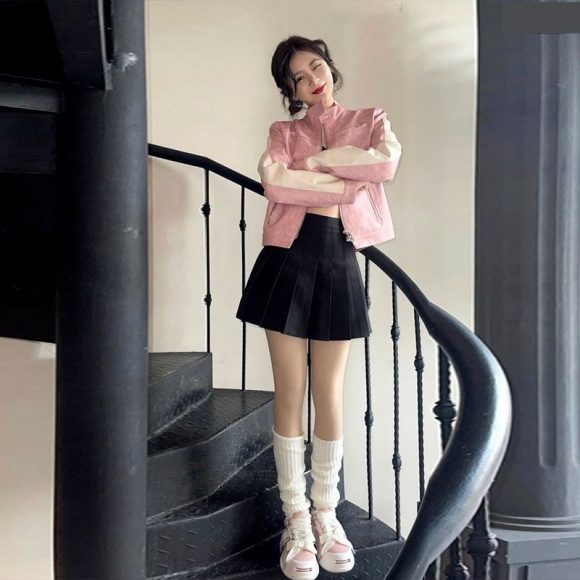 Women's Short Pink Zipper Stitching Leather Coat - Image 5