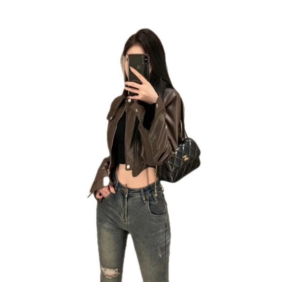 American Retro Sweet Cool Hot Girl Style Coffee Color Leather Coat Motorcycle Jacket Top - Image 5