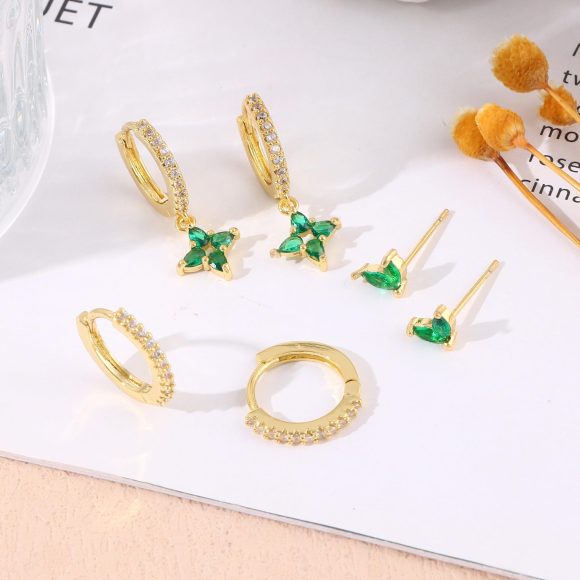 Green Inlaid Zircon Fashion Women's Earrings Three-piece Set - Image 6