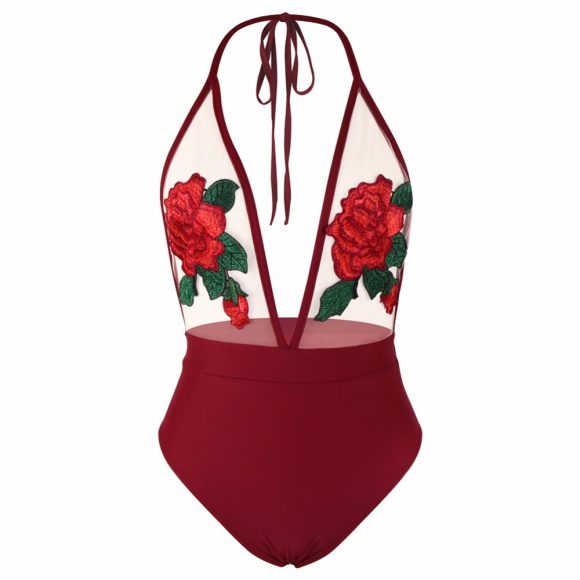 Embroidered Halter Sexy Lingerie Siamese Bikini - Image 4