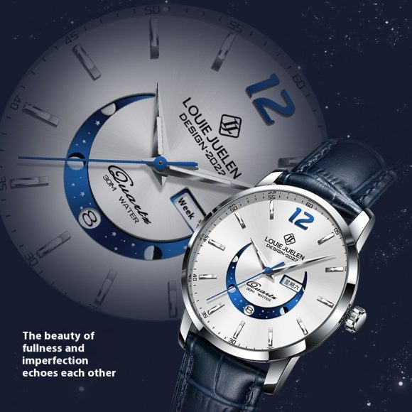 Master Moon Phase Luminous Waterproof Wrist Watch Men's Fashion Genuine Leather Strap Quartz Watch - Image 5