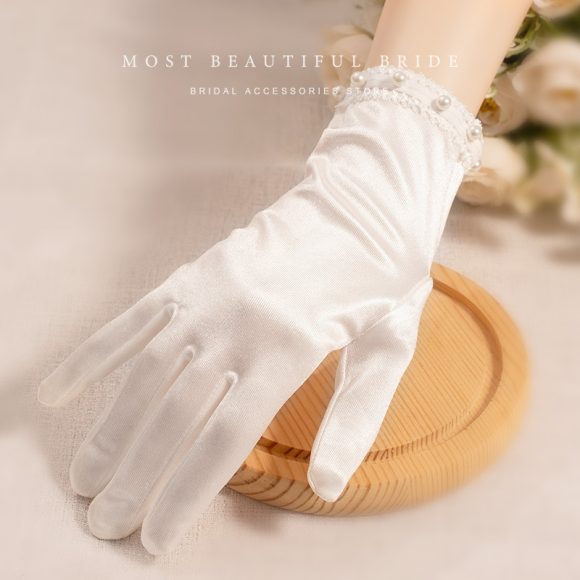 White Satin Short Gloves Lace Pearl Accessories - Image 10