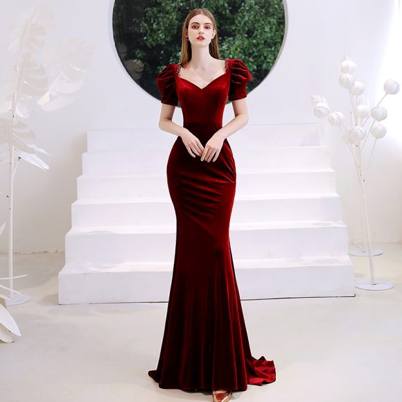 Wine Red Fishtail Evening Dress Woman - Image 5