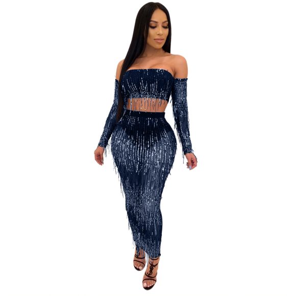 Fashion Sexy See-through Mesh Sequins Tassel Two-piece Set - Image 7