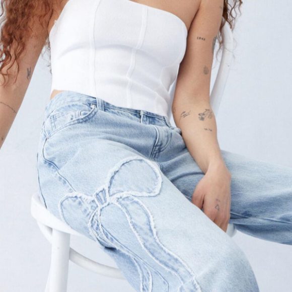 Women's Straight Trousers Embroidered Side Frayed Butterfly Jeans Street Design Hot Girl Baggy Pants - Image 5