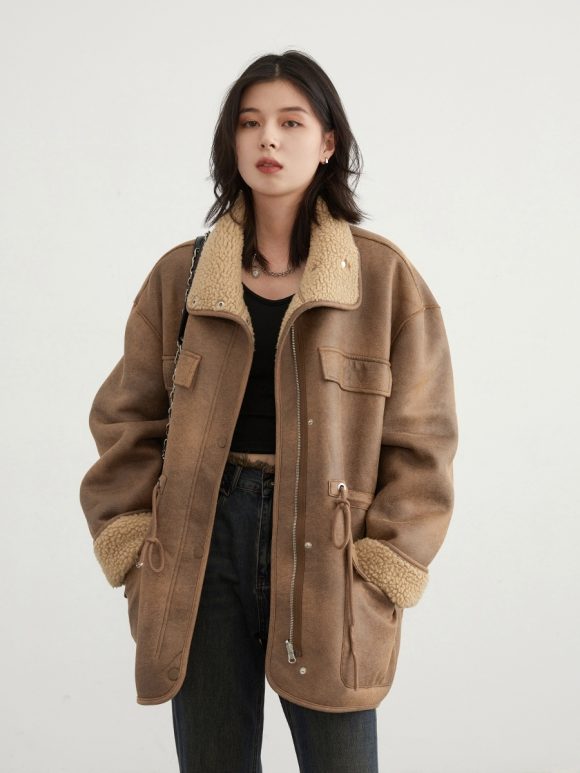 Women's Motorcycle Clothing Suede Lamb Wool Reverse Coat - Image 3