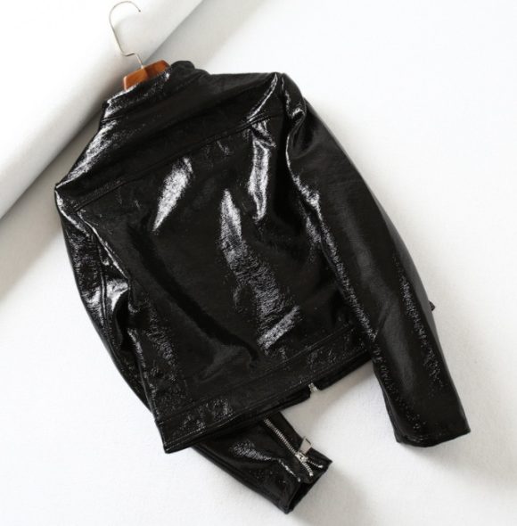Black Bright Leather PU Short Motorcycle Leather Jacket Women's Jacket - Image 5