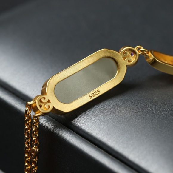 Ancient Ruyi Bracelet Safety-blessing Card 925 Sterling Silver Gold Inlaid With Jade Stone Bracelet - Image 4