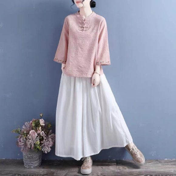 Artistic Cotton Linen Jacquard Embroidered Bell Sleeve Shirt - Image 7