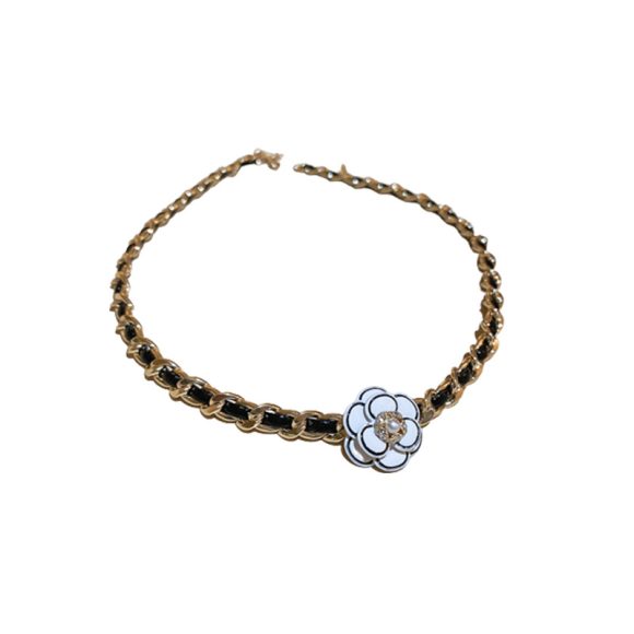 Dark Style Rhinestone-encrusted Pearl Flower Leather Winding Necklace - Image 2
