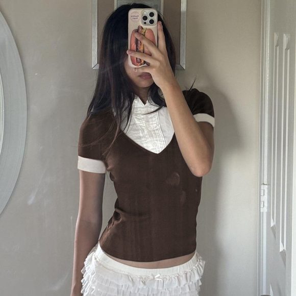 American Retro Polo Collar Stitching Fake Two Pieces Short Sleeve T-shirt For Women - Image 2