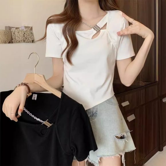Slim Fit And Thin Cover Belly Hot Girl Irregular Short-sleeved T-shirt For Women - Image 5