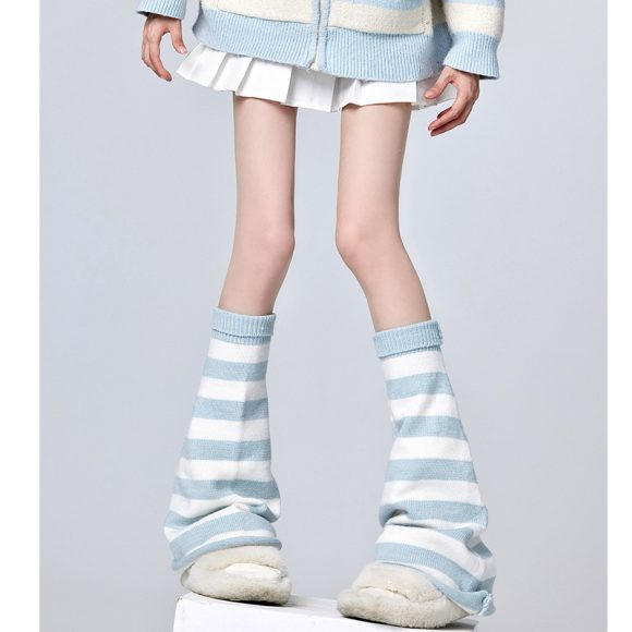 Hot Girl Horn Pile Style White And Blue Striped Leg Warmer Socks - Image 2