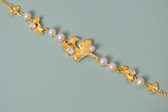 S925 Silver Plated Rhinestone Pearl Ginkgo Bracelet - Image 5