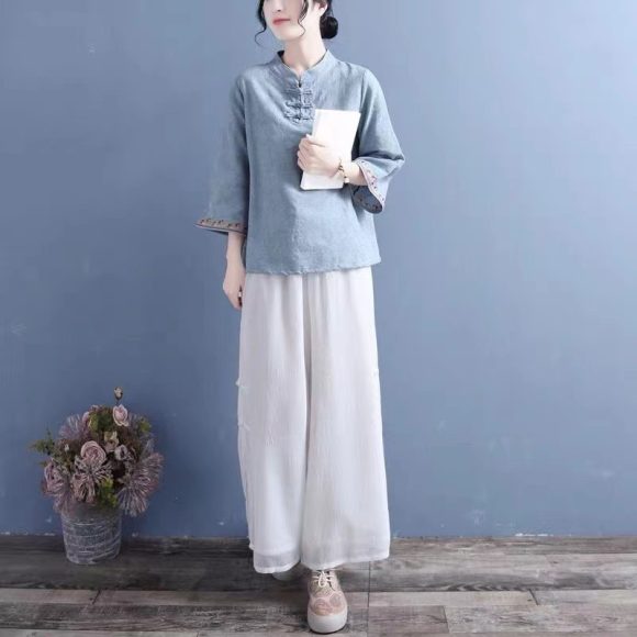 Artistic Cotton Linen Jacquard Embroidered Bell Sleeve Shirt - Image 9