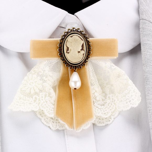 Vintage Handmade Lace Pearl Velvet Sweater Pin Coat Bow Brooch - Image 4