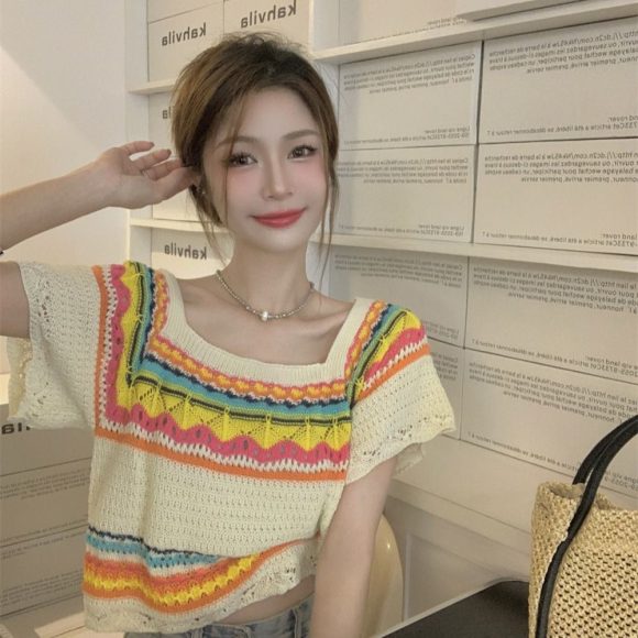 Summer Slim Chic Contrast Color Stripes Square Collar Short Sleeve - Image 3