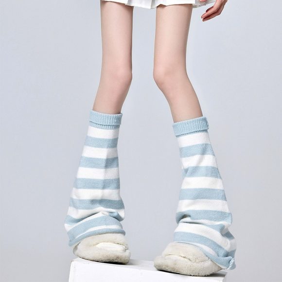 Hot Girl Horn Pile Style White And Blue Striped Leg Warmer Socks - Image 4