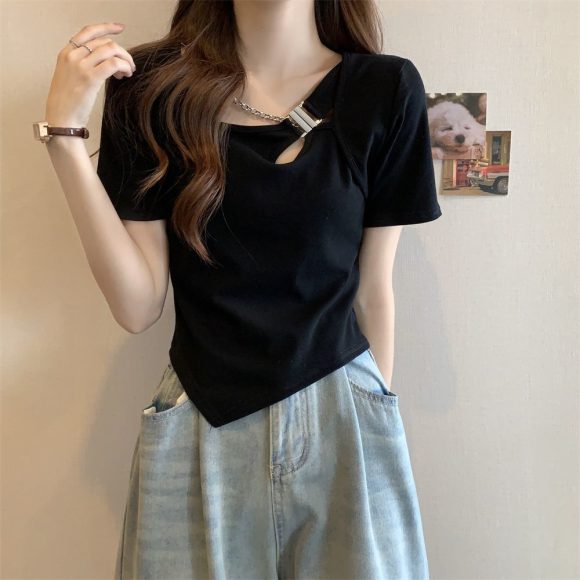 Slim Fit And Thin Cover Belly Hot Girl Irregular Short-sleeved T-shirt For Women - Image 6