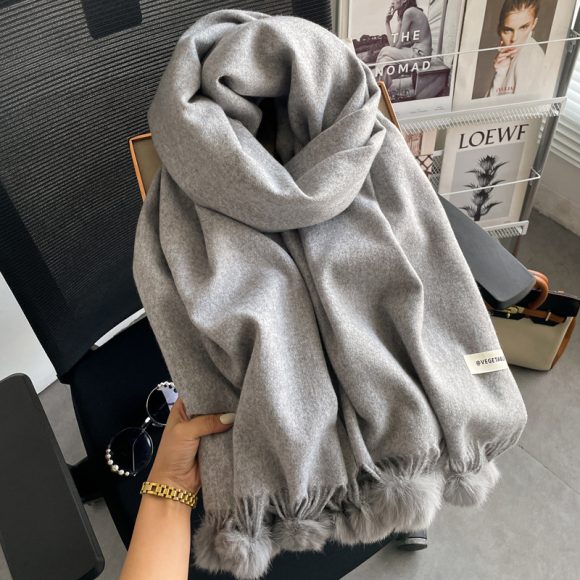 Beige Artificial Cashmere Scarf Fur Ball Winter Warm Tassel Shawl - Image 5