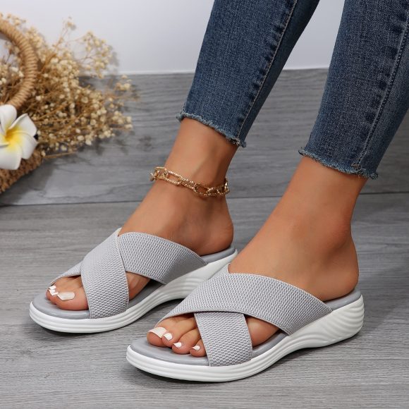Summer Flat Wedge Peep-toe Slippers Thick Bottom Plus Size Cross Women's Slippers - Image 5