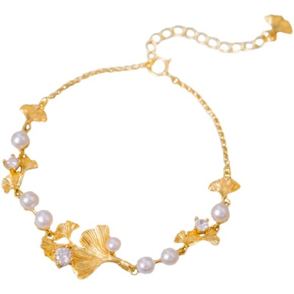 S925 Silver Plated Rhinestone Pearl Ginkgo Bracelet - Image 4